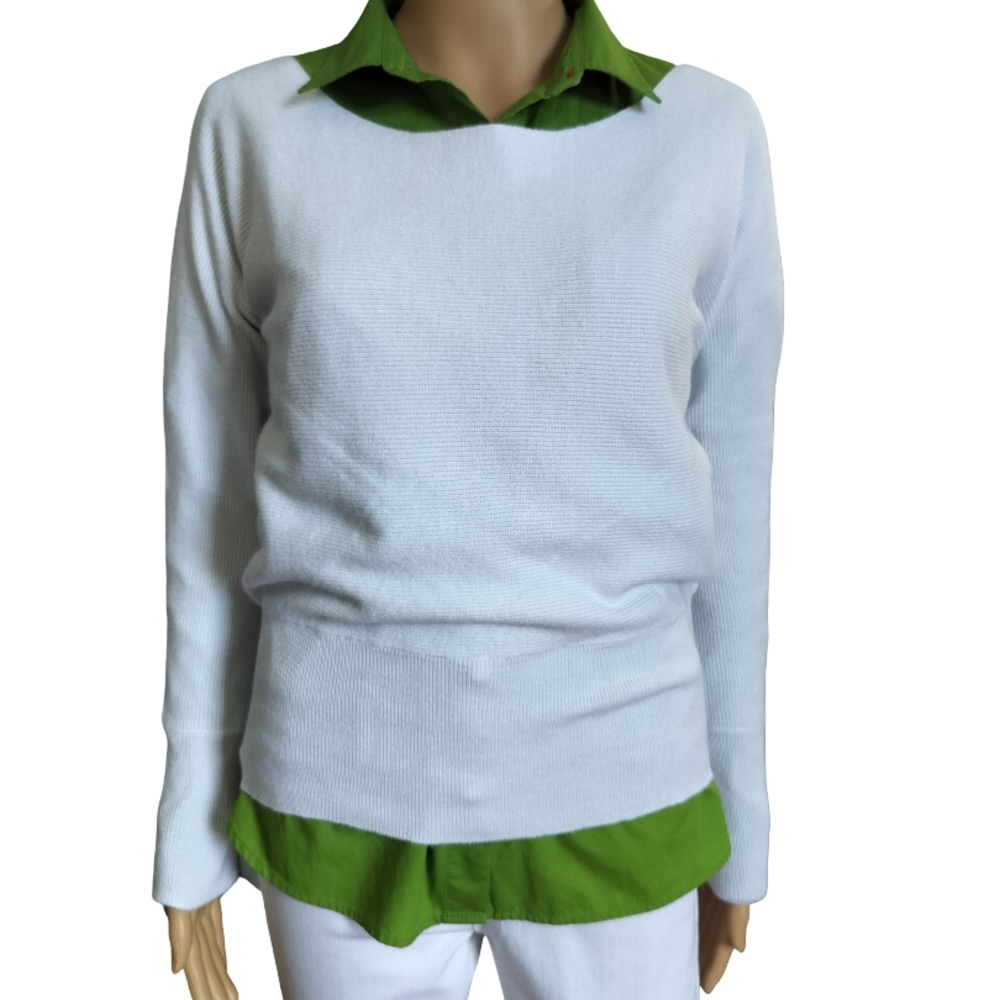 Chic White Sweater with Green Accents